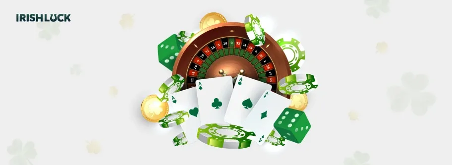 grey background with a variation of casino games. Roulette wheel, green dice, green chips, coins and cards. Irishluck logo at the top left corner.