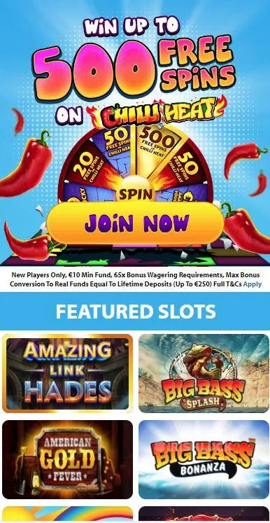 Fever bingo homepage mobile view welcome bonus 500 free spins chilli heat