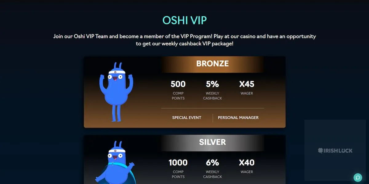 Oshi Casino VIP Program Irish Players VIP Online Casino Bronze Silver Cashback Wager Points