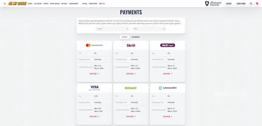 ohmyspins payment methods