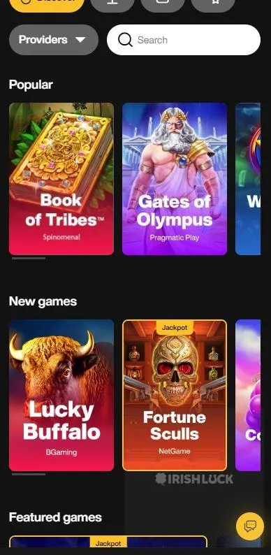 justcasino homepage mobile view online slot games featured games lucky buffalo gates of olympus book of tribes providers at irish online casinos