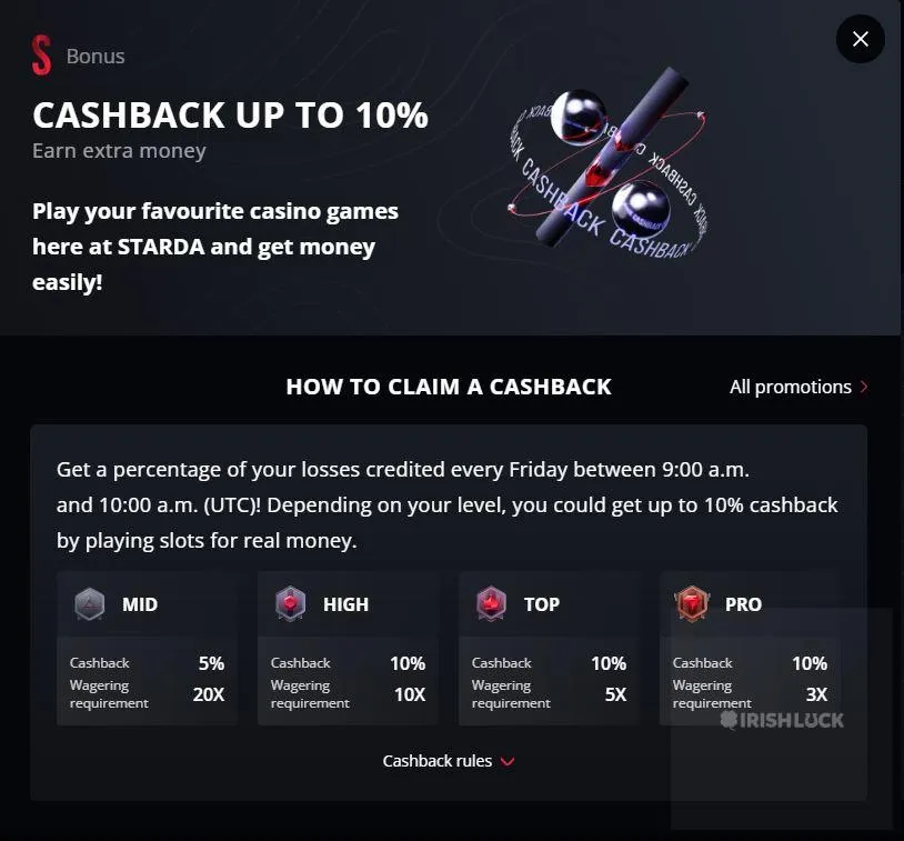 starda casino cashback bonus online casinos ireland cashback promotions