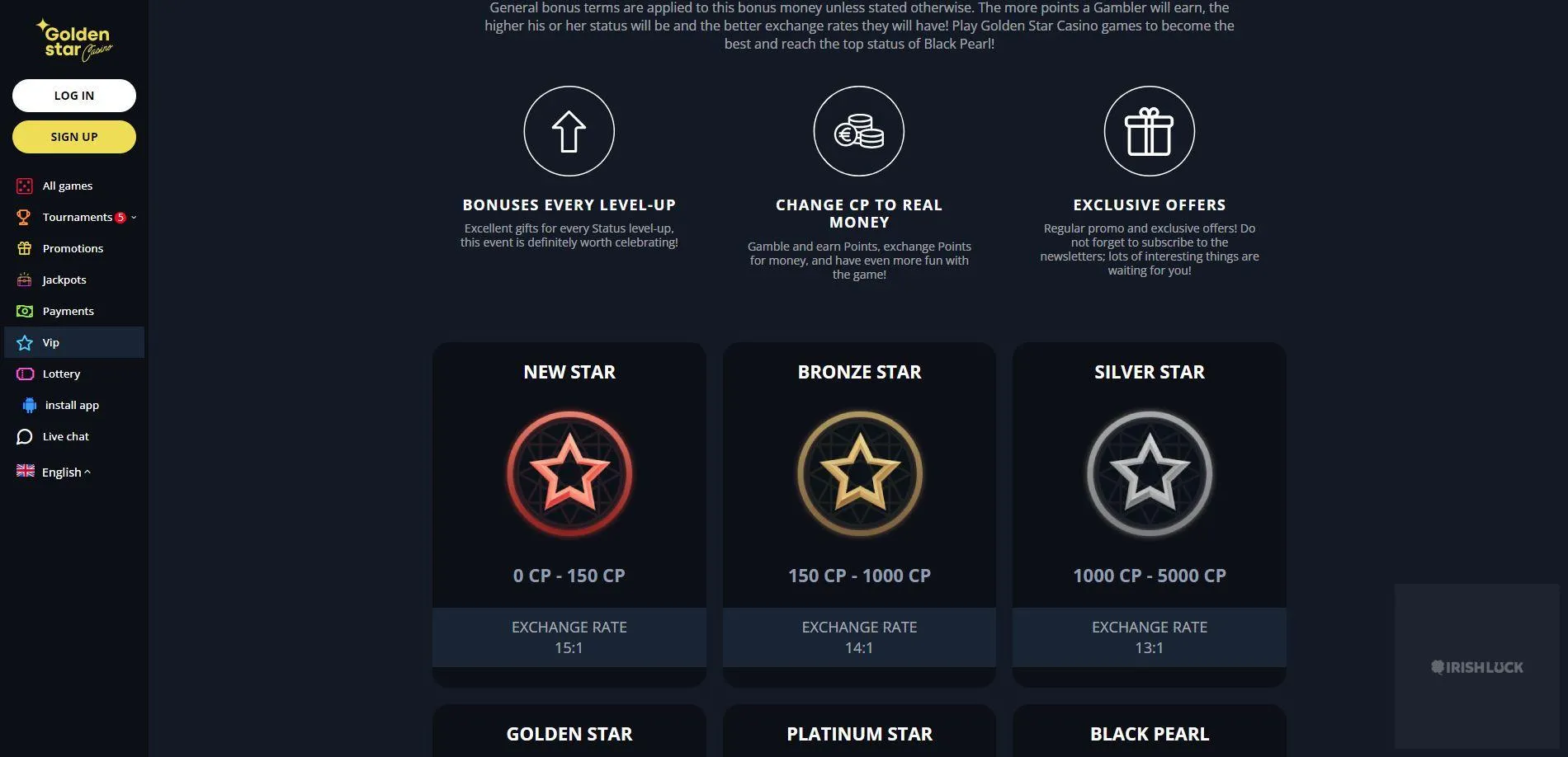 golden star vip program online casinos ireland