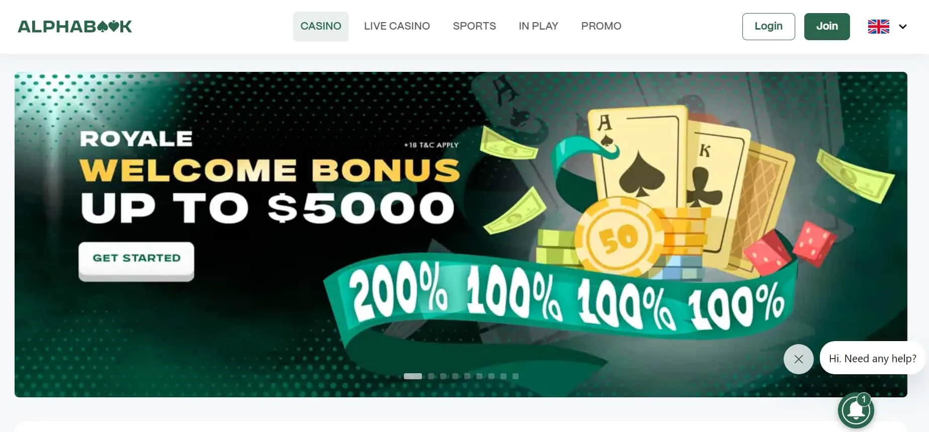 image of Alphabook casino home page