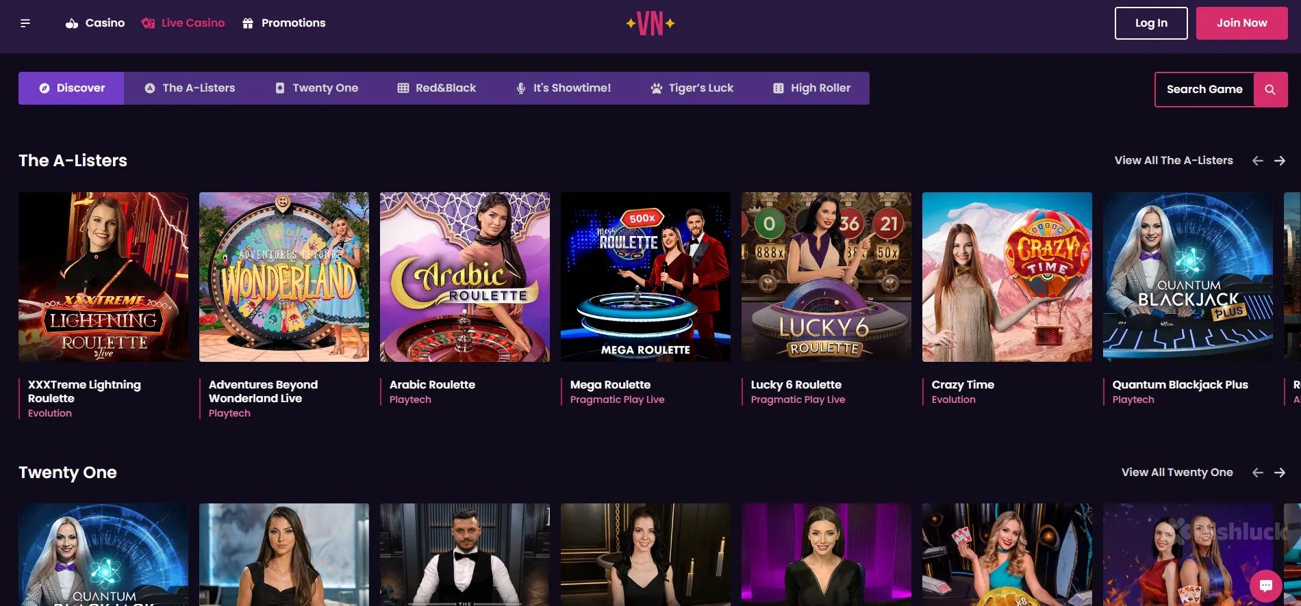 vegas now live casino selection of games