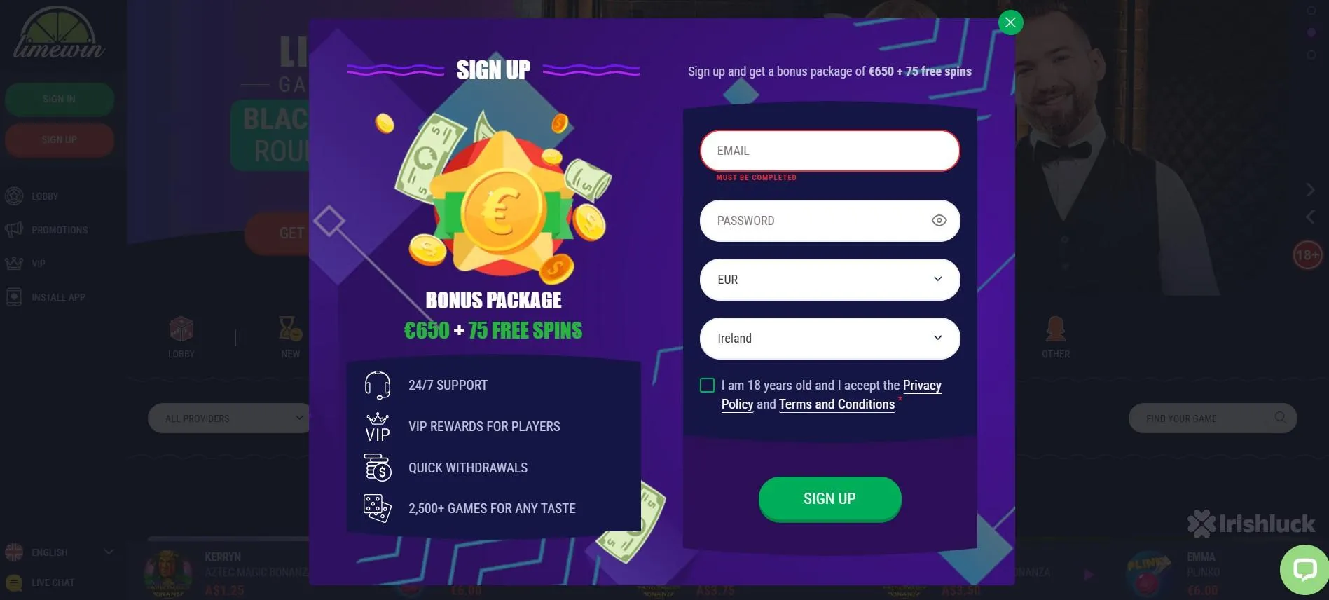 limewin signup screenshot rishluck ireland
