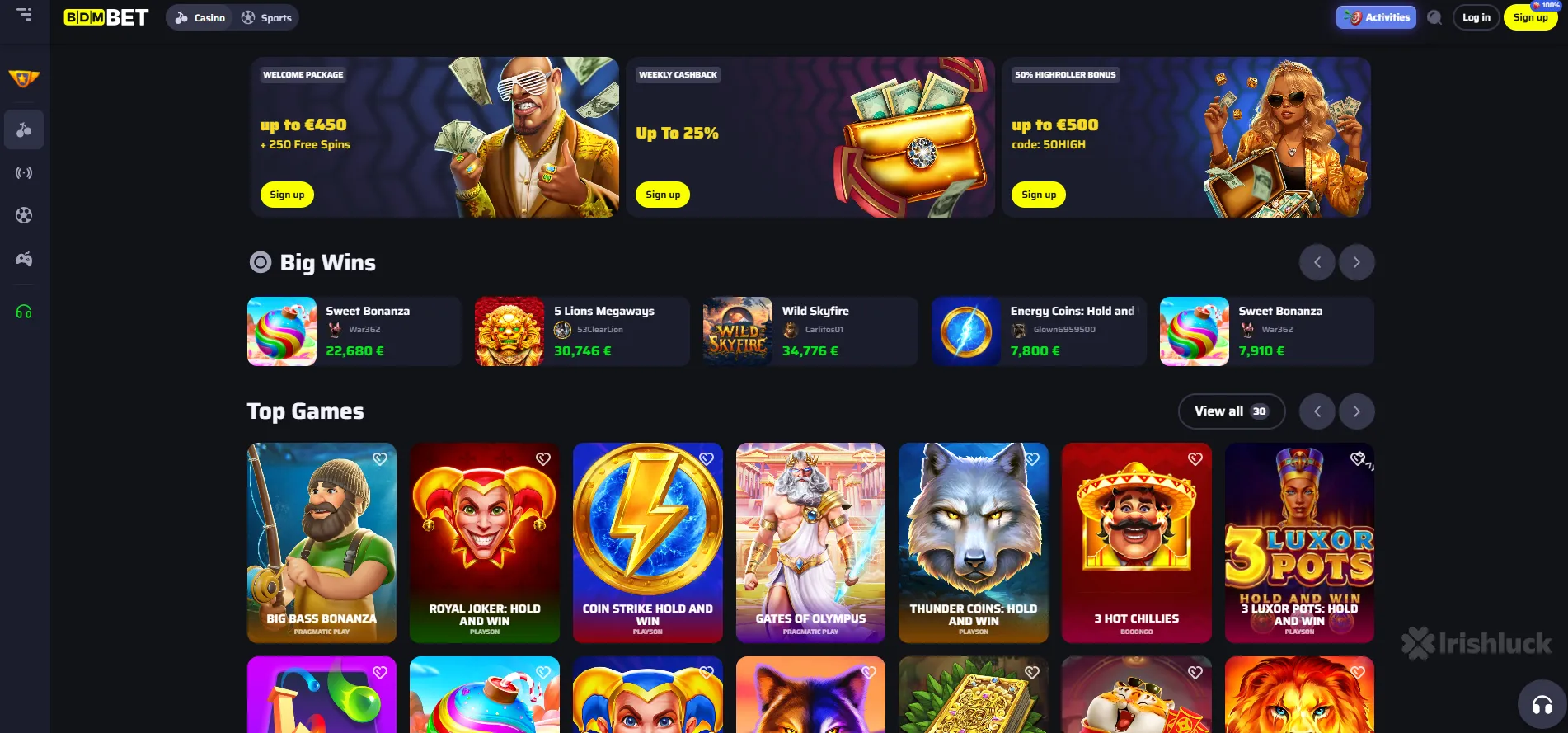 bdm casino homepage featuring the welcome bonus and slots and the irishluck logo