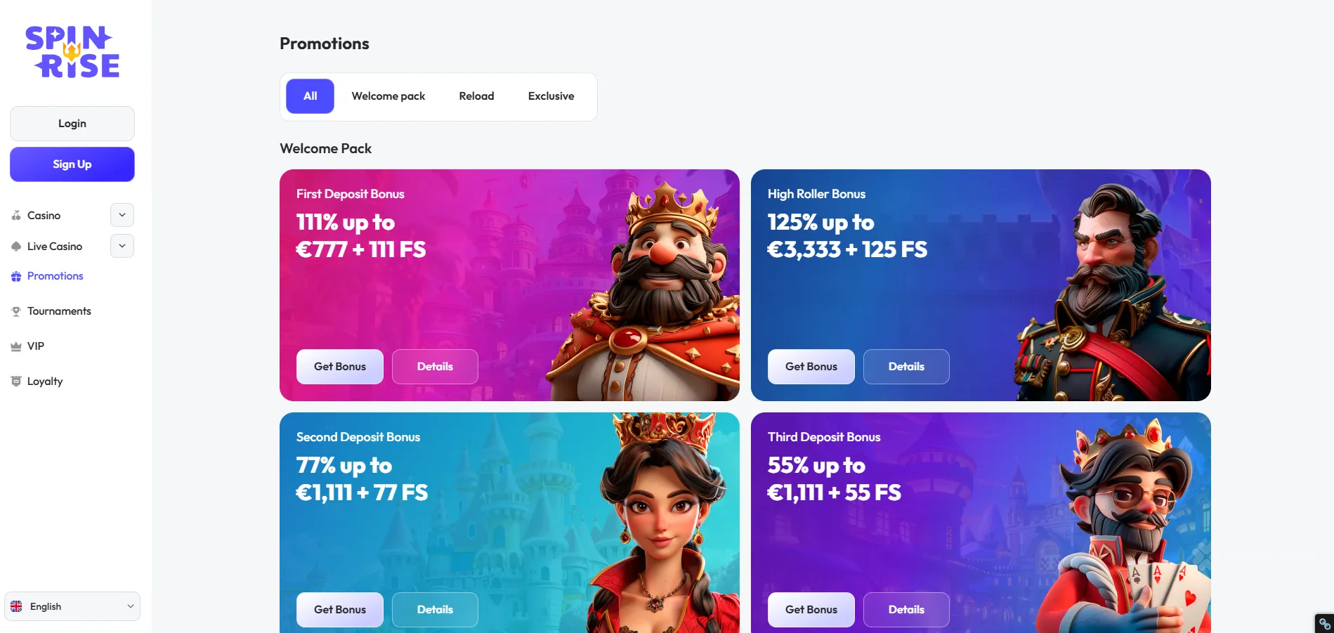 spinrise casino promotions featuring the royal themed mascots, different promotions and bonuses and the irishluck logo