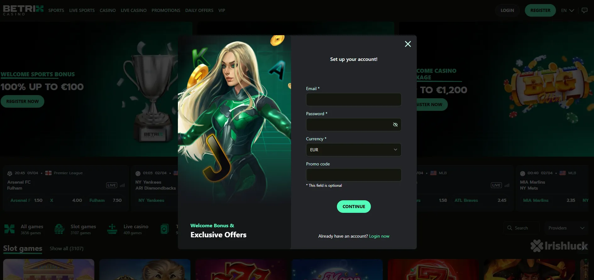 betrix casino signup page and the irishluck logo