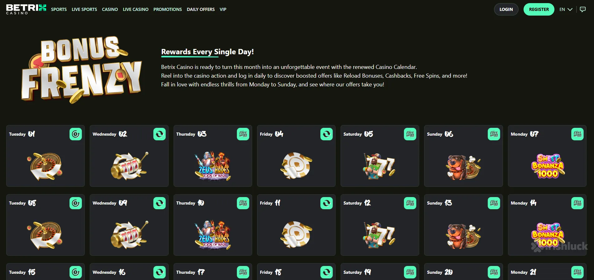 betrix casino list of daily offers and the irishluck logo