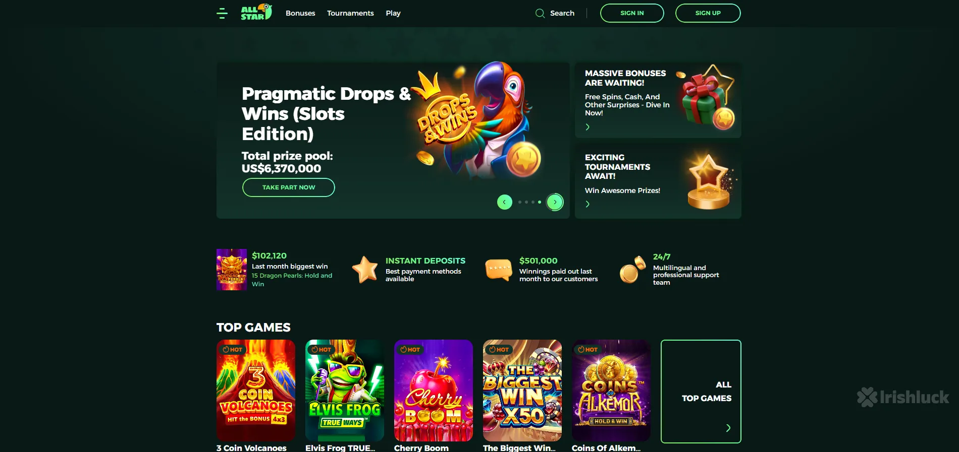 all star casino homepage featuring the welcome bonus and the top games