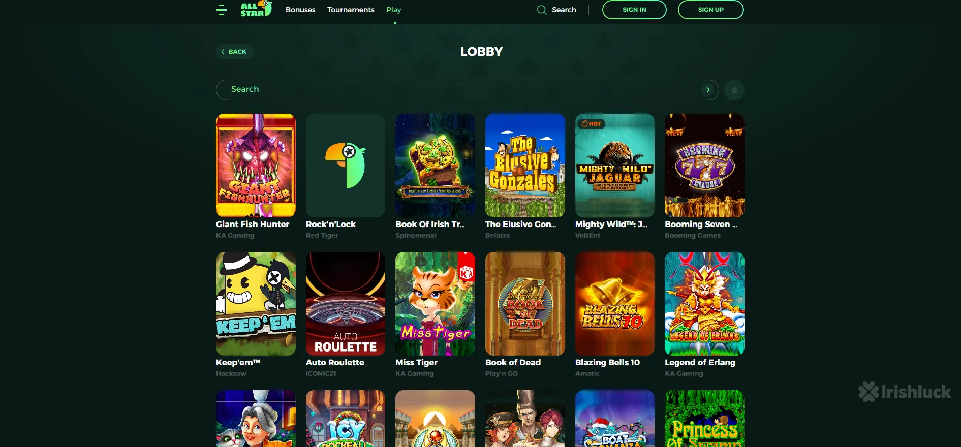 all star casino games featuring the top games and the irishluck logo
