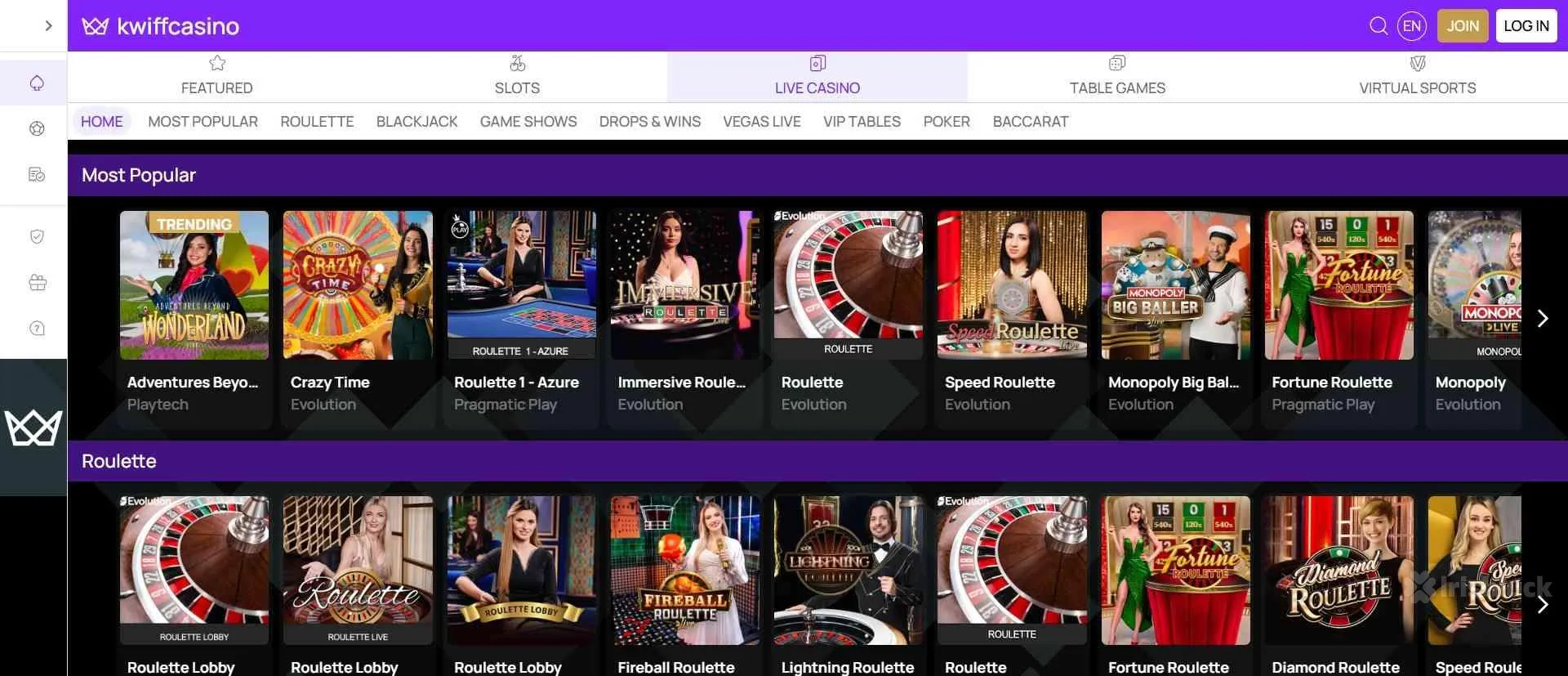 kwiff casino collection of live dealer games