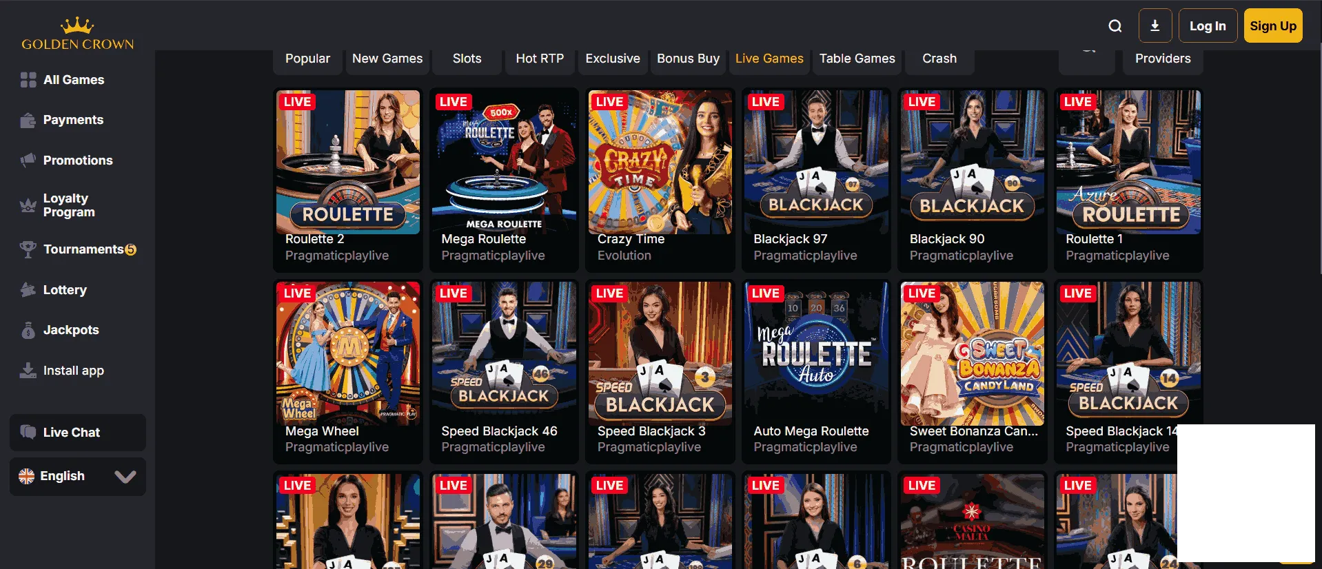 Golden Crown casino collection of live dealer games
