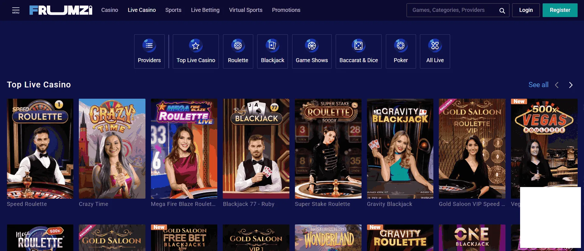 Frumzi Casino's collection of live dealer games