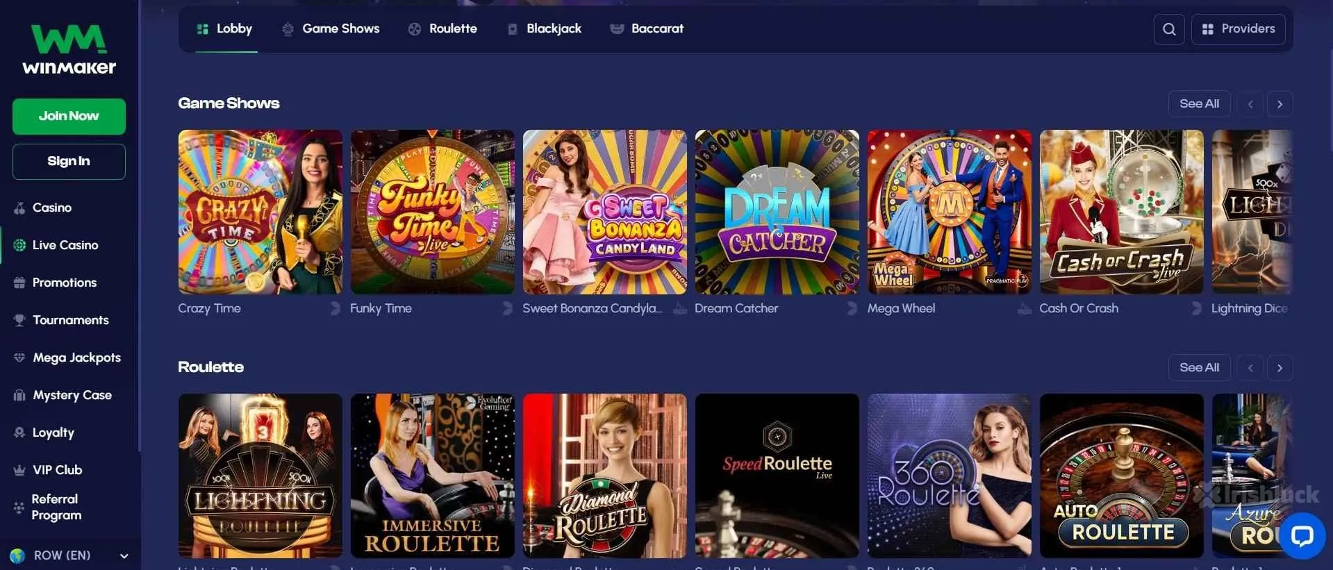 Winmaker casino's collection of live casino games