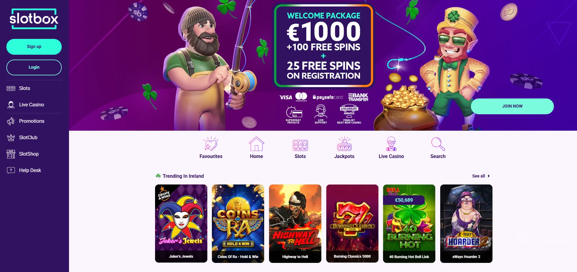 slotbox casino, casino on irishluck, homepage with the welcome bonus showing