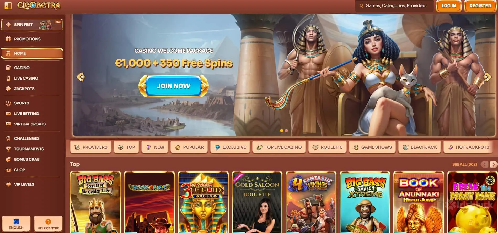 cleobetra casino homepage featuring the welcome bonus and egypitan elements and the irishluck logo