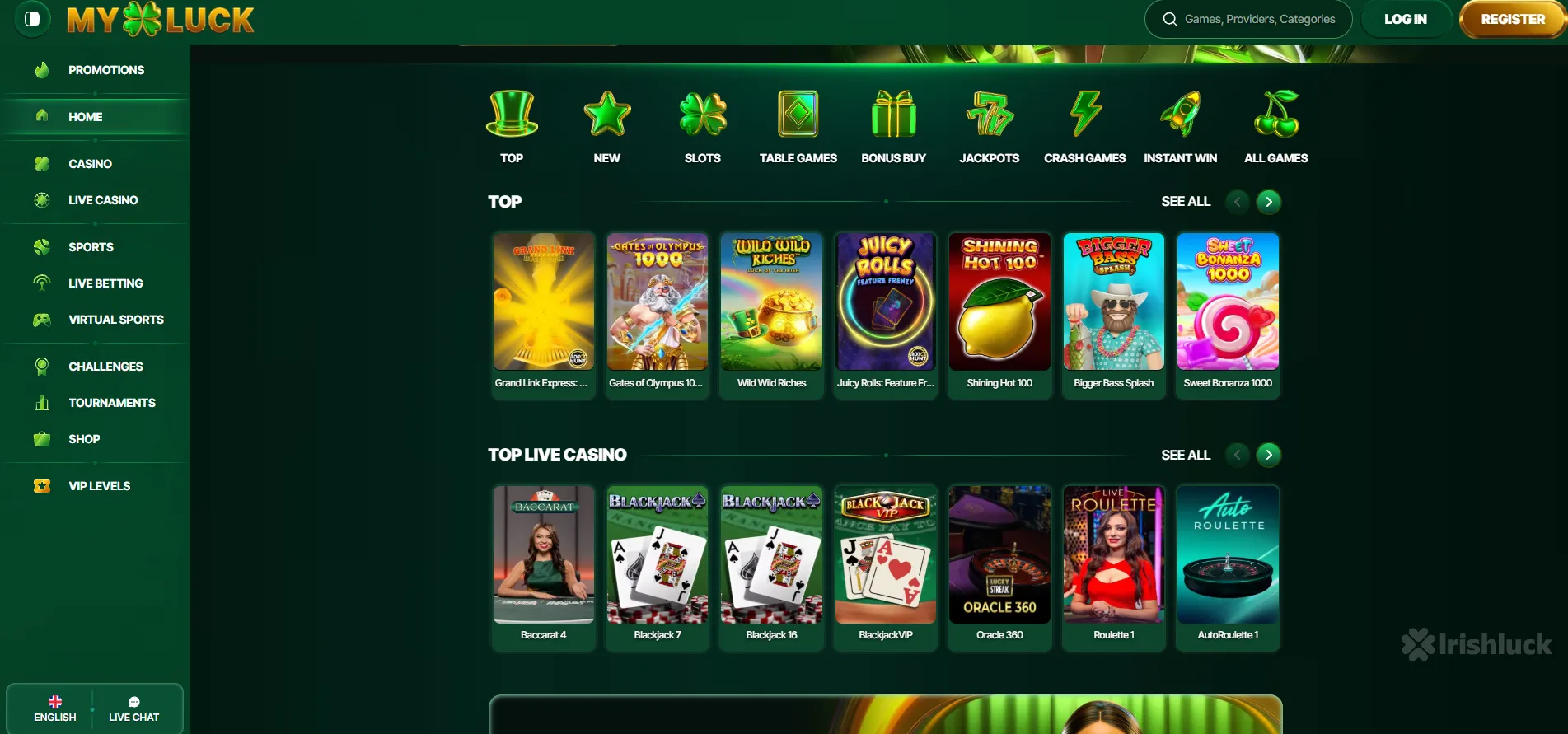 myluck homepage featuring the top games, navigation and the irishluck logo