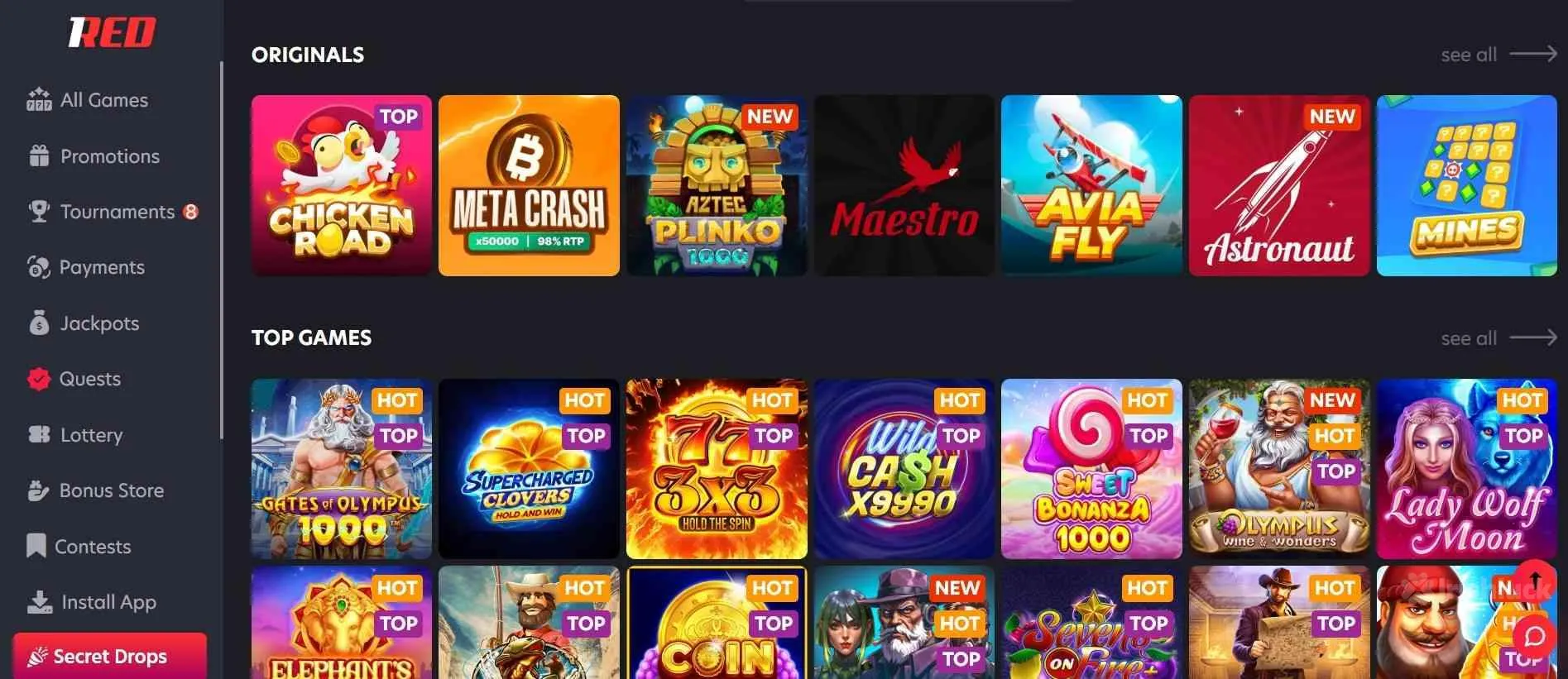 1Red Casino collection of casino games