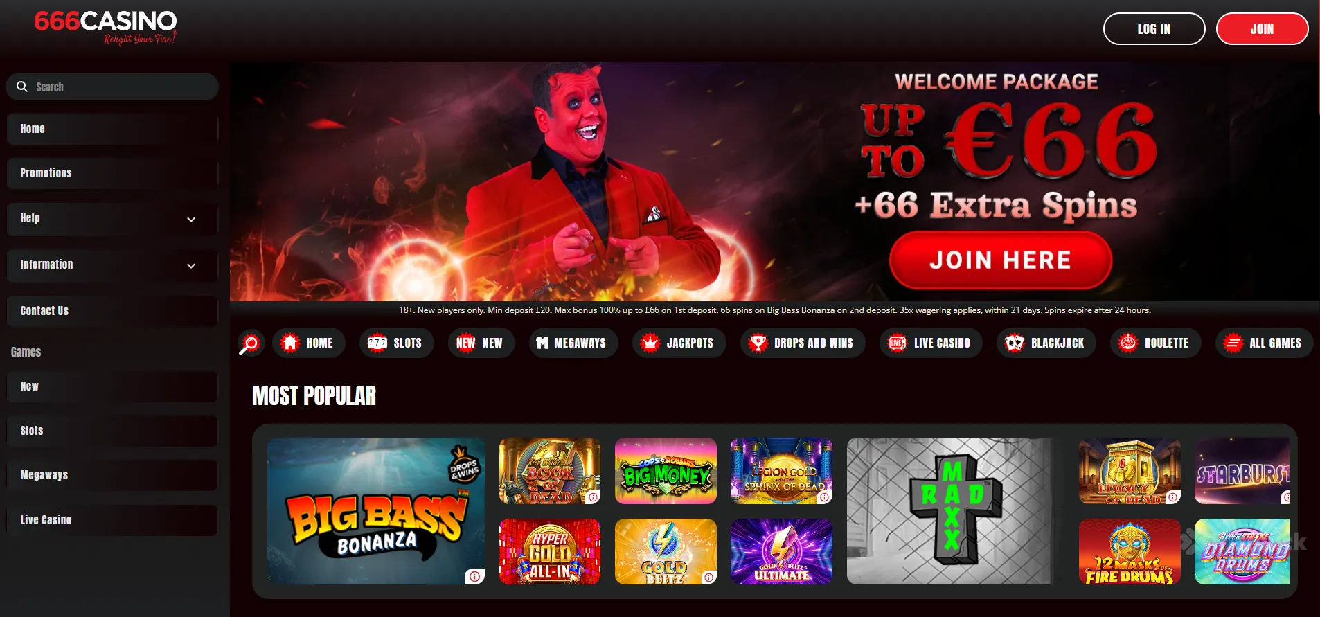 666 casino homepage featuring the welcome bonus and the top games and the irishluck logo