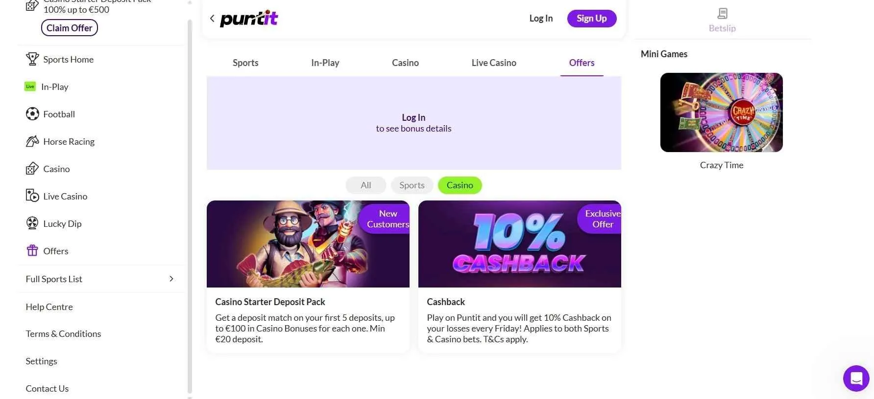 Puntit Casino bonuses and other promotions