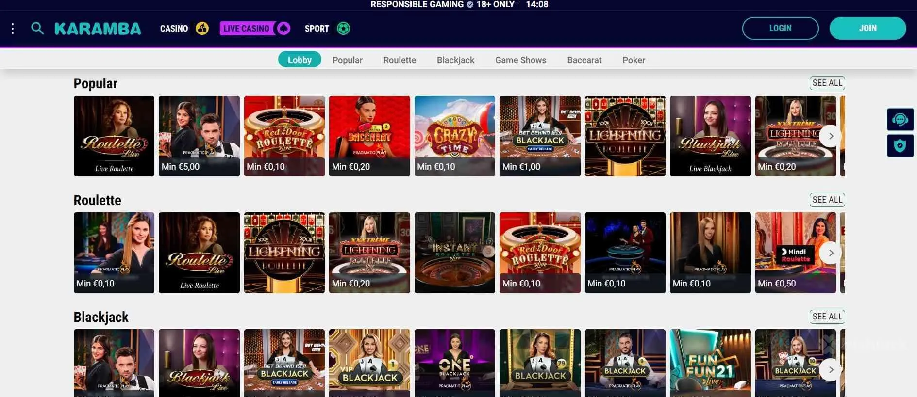 Live casino section at Karamba casino