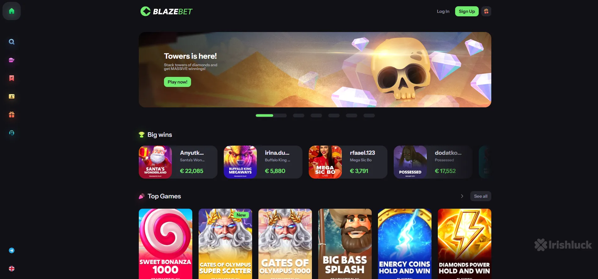 blazebet casino homepage and the irishluck logo