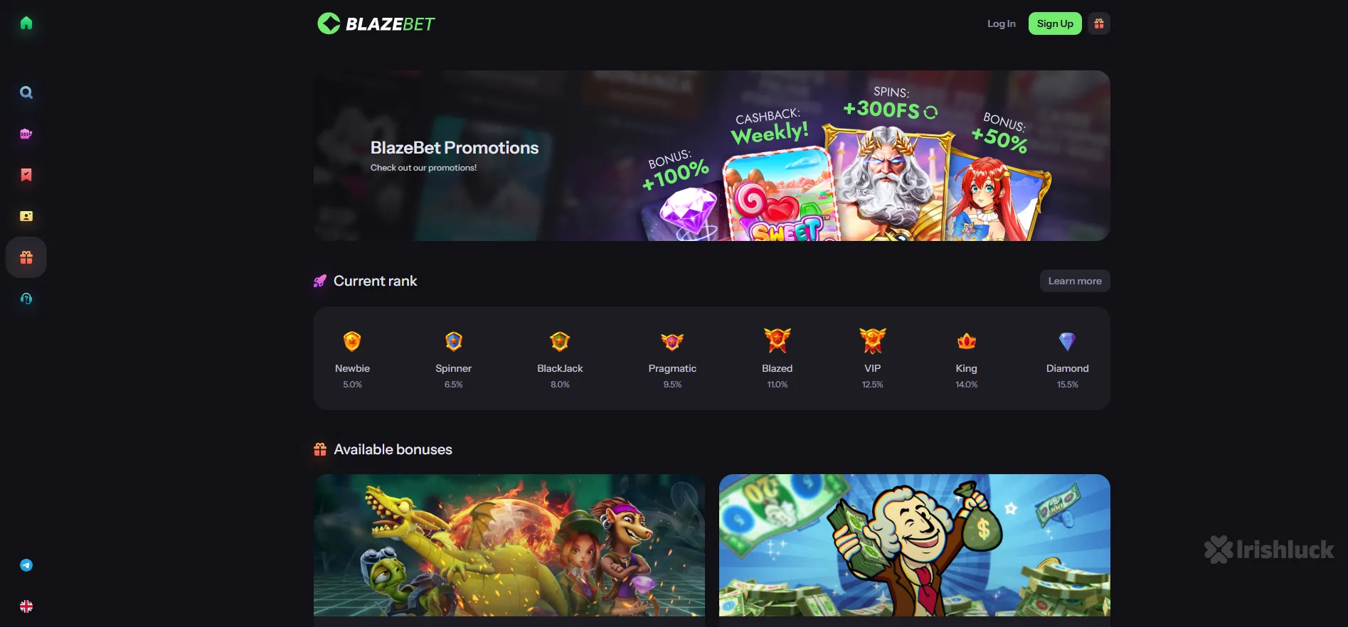 casino bonuses found on blazebet casino like cashback and free spins and the irishluck logo