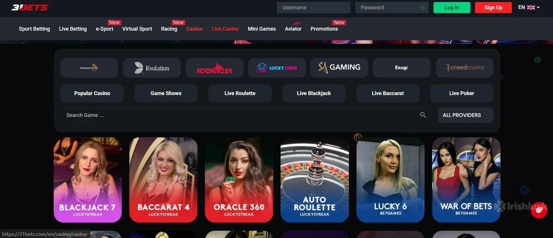 31bets live casino games