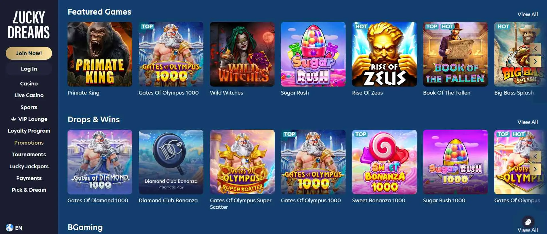 Collection of games at LuckyDreams Casino