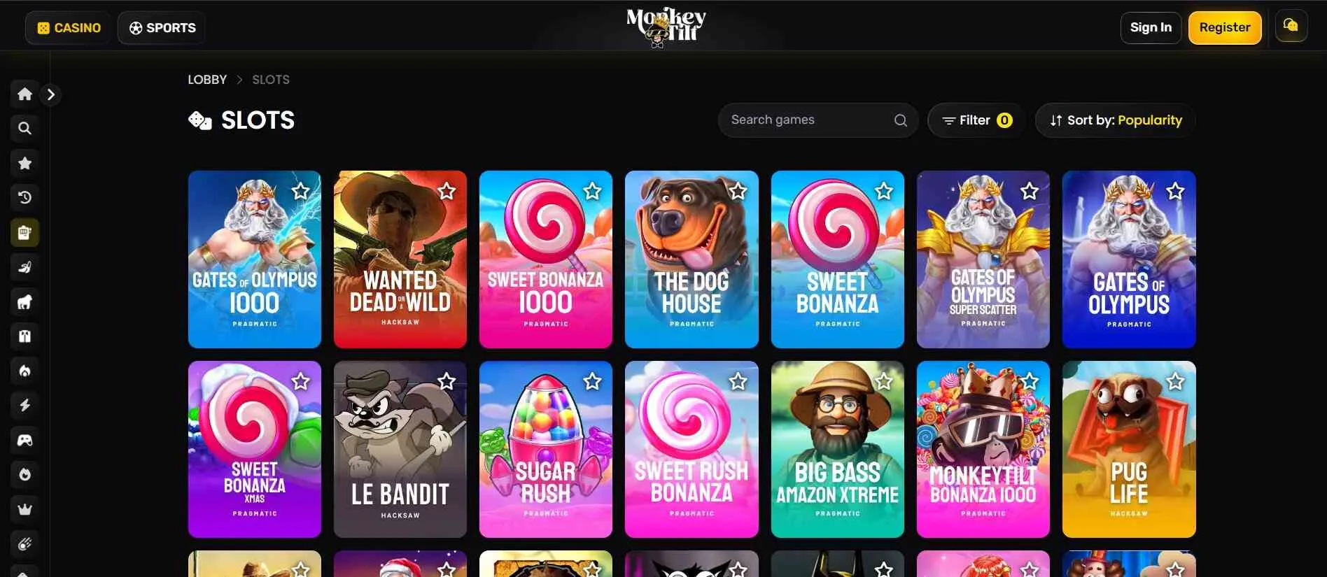 Monkey Tilt collection of casino games