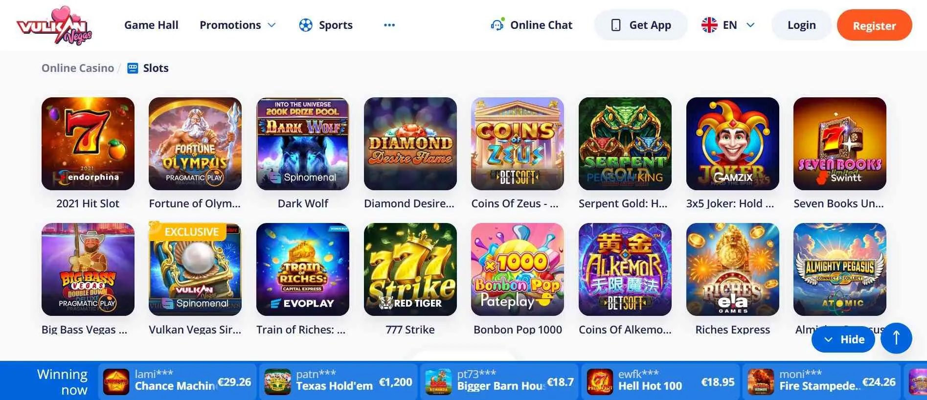 Vulkan Vegas Casino collection of slot games