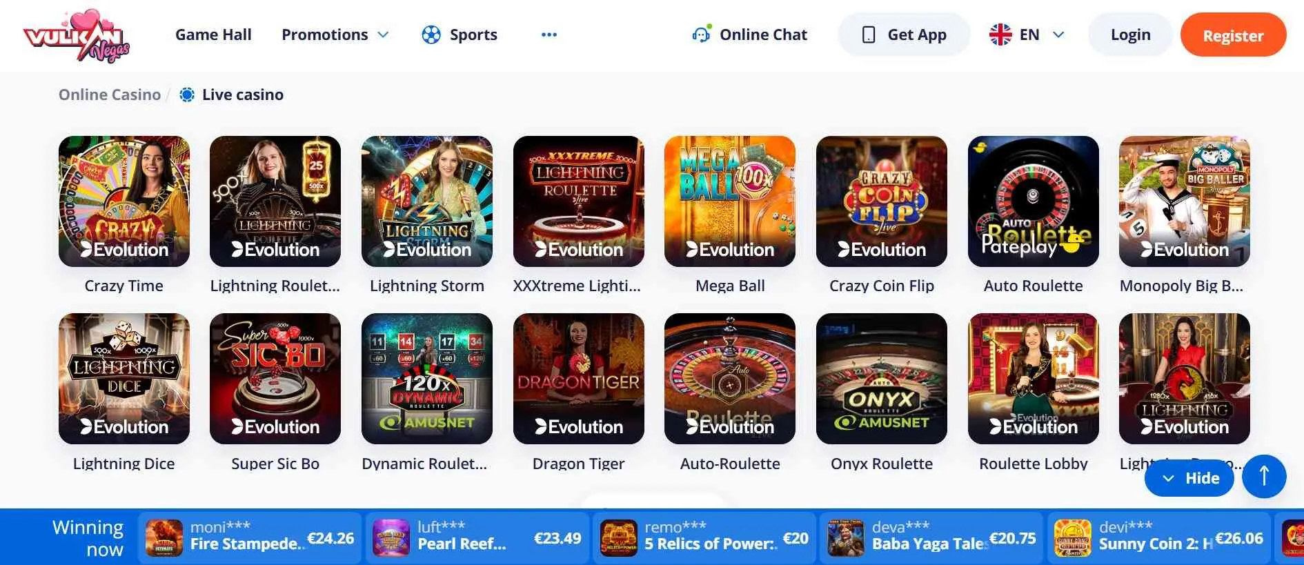 Vulkan Vegas Casino live casino games