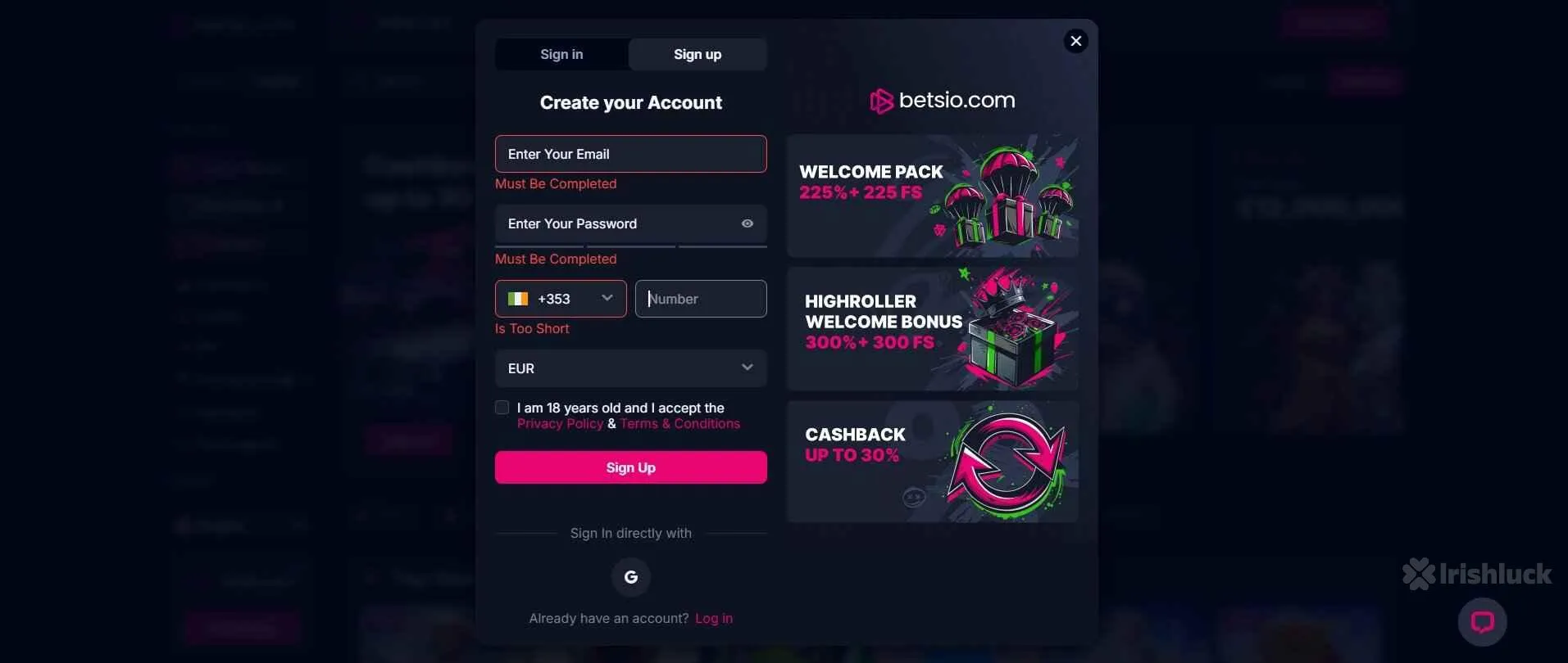 Betsio.com Casino registration page showing bonuses