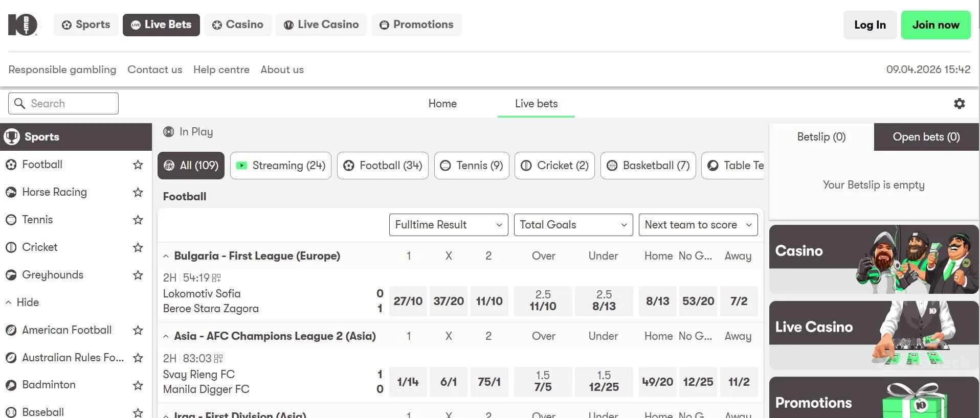Live bets at 10bet Sportsbook
