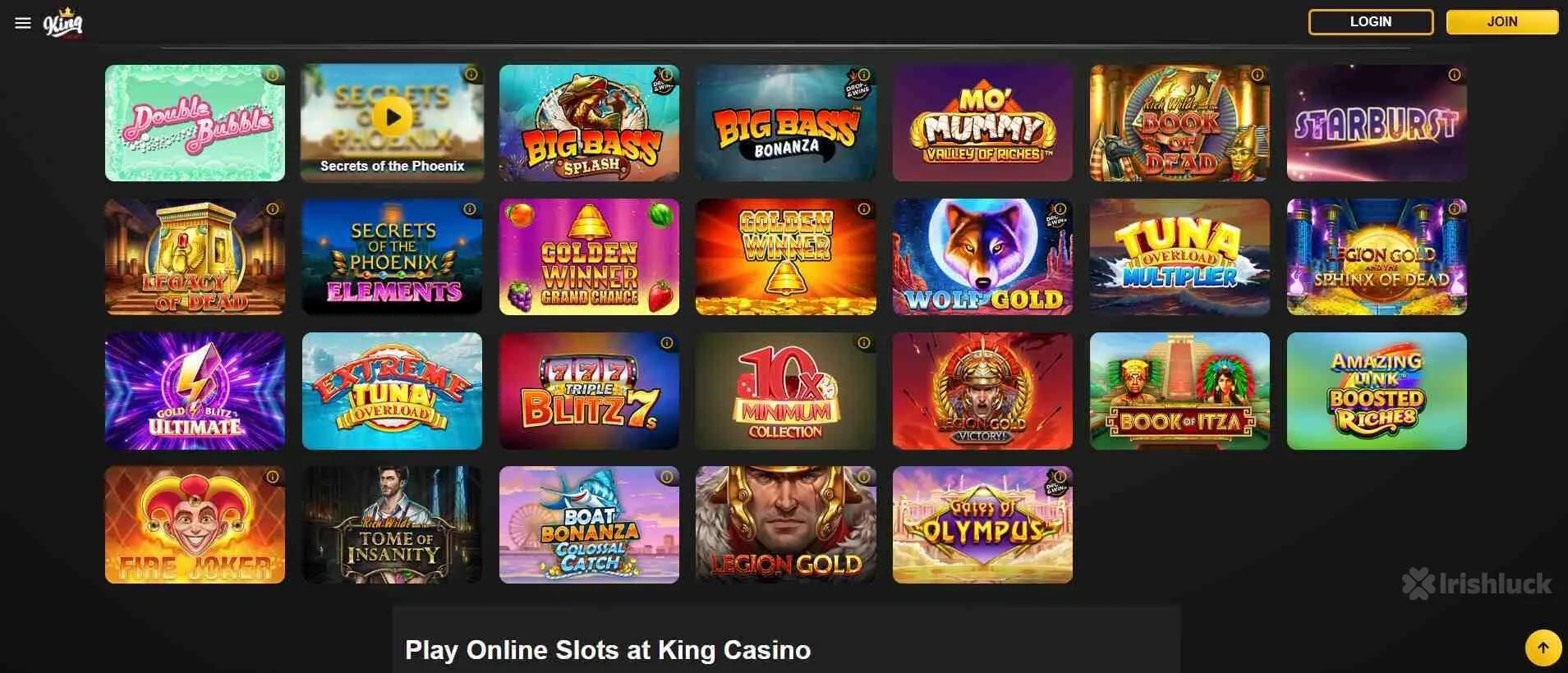 Collection of casino games at King Casino