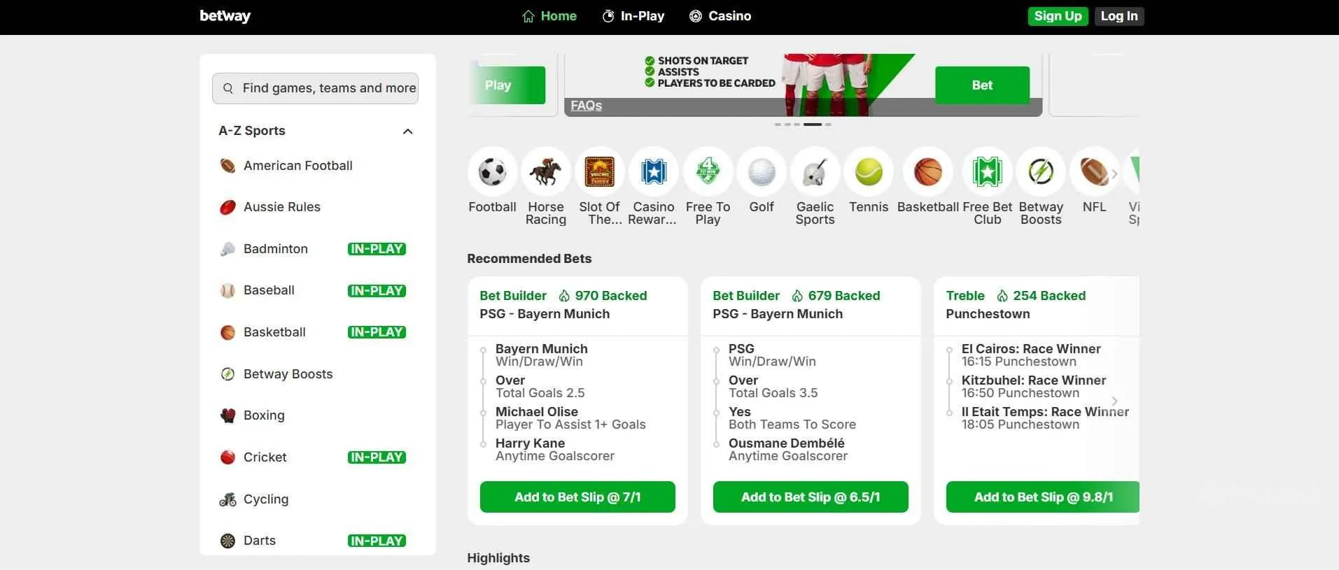 homepage of Betway sportsbook