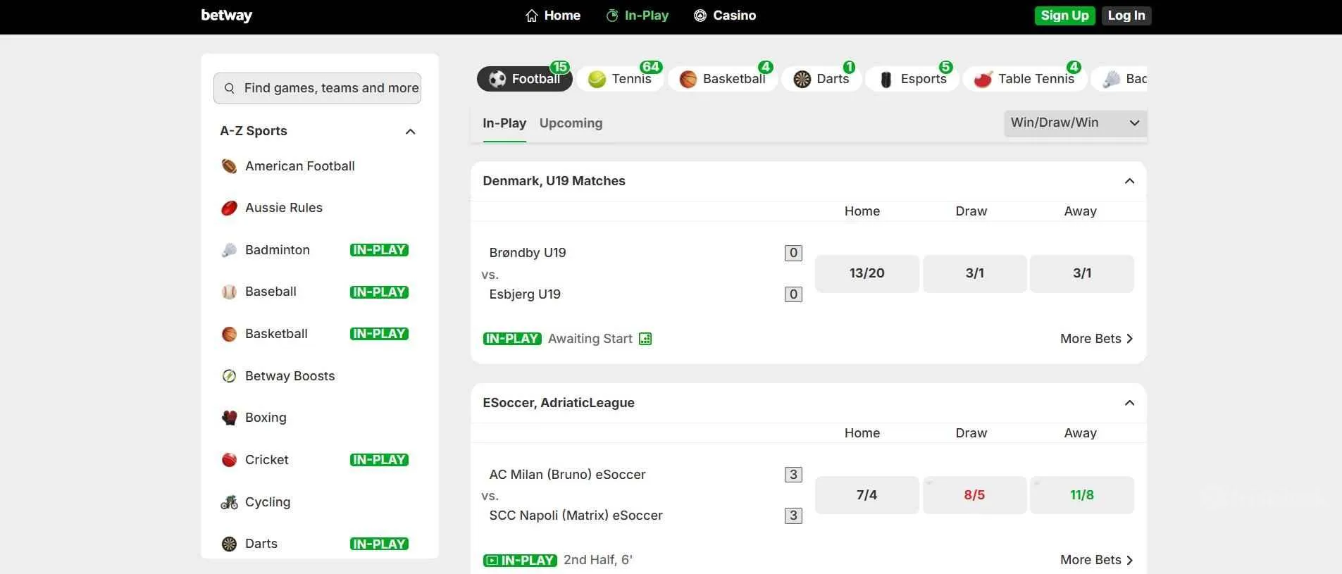 in play betting feature at Betway sportsbook