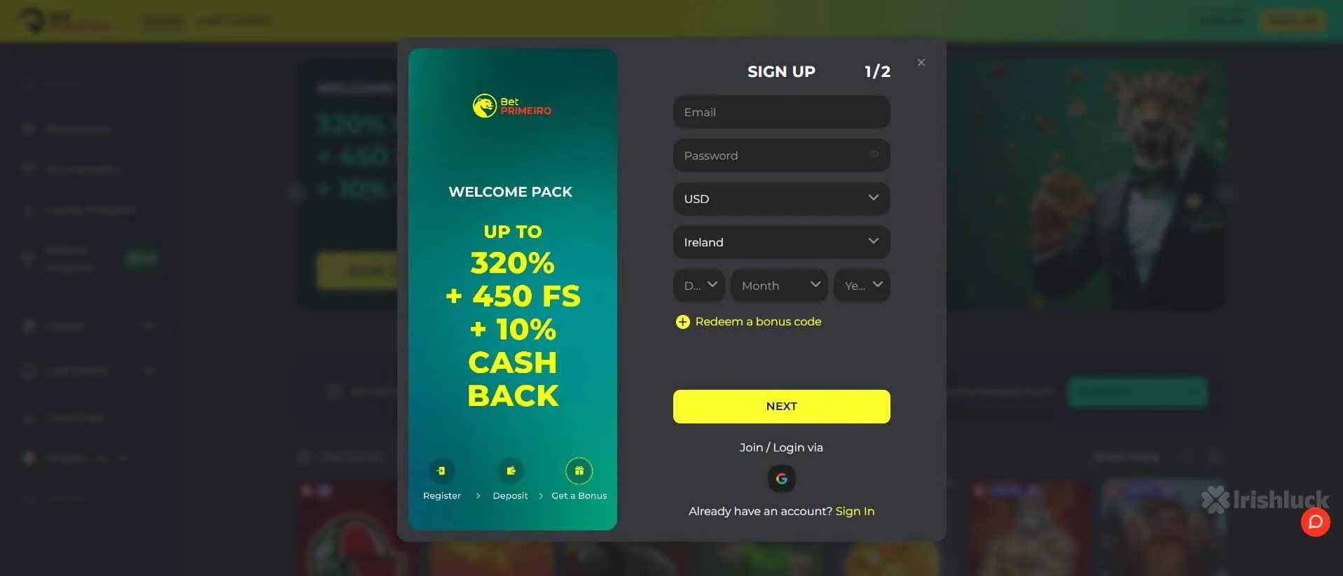 welcome offer at BetPRIMEIRO casino