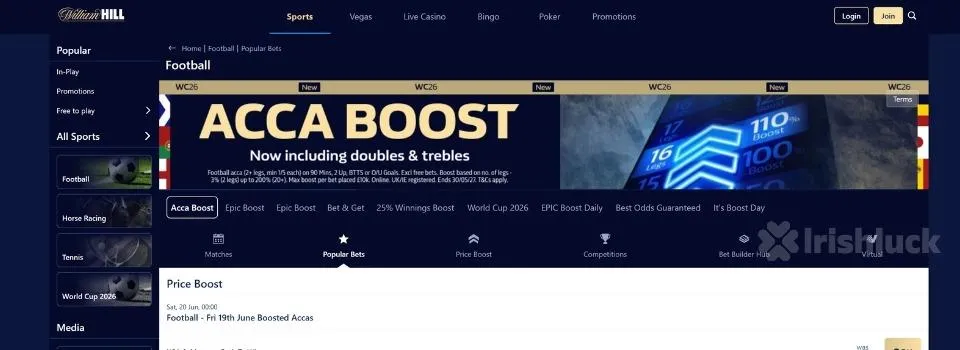 William Hill Sportsbook football section