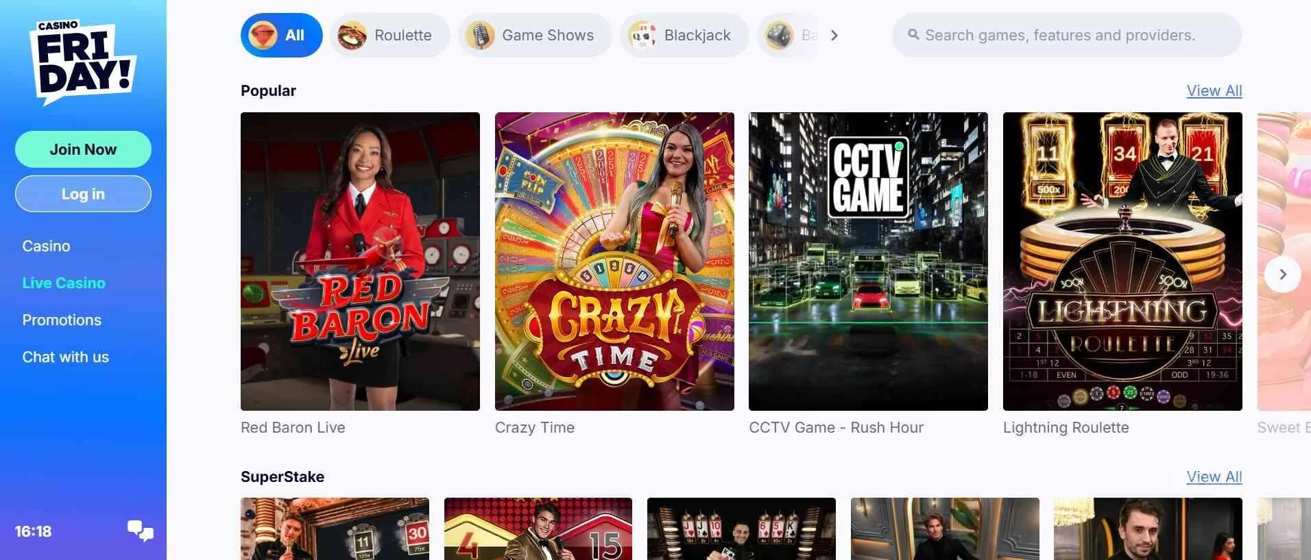 live casino games at Casino Friday