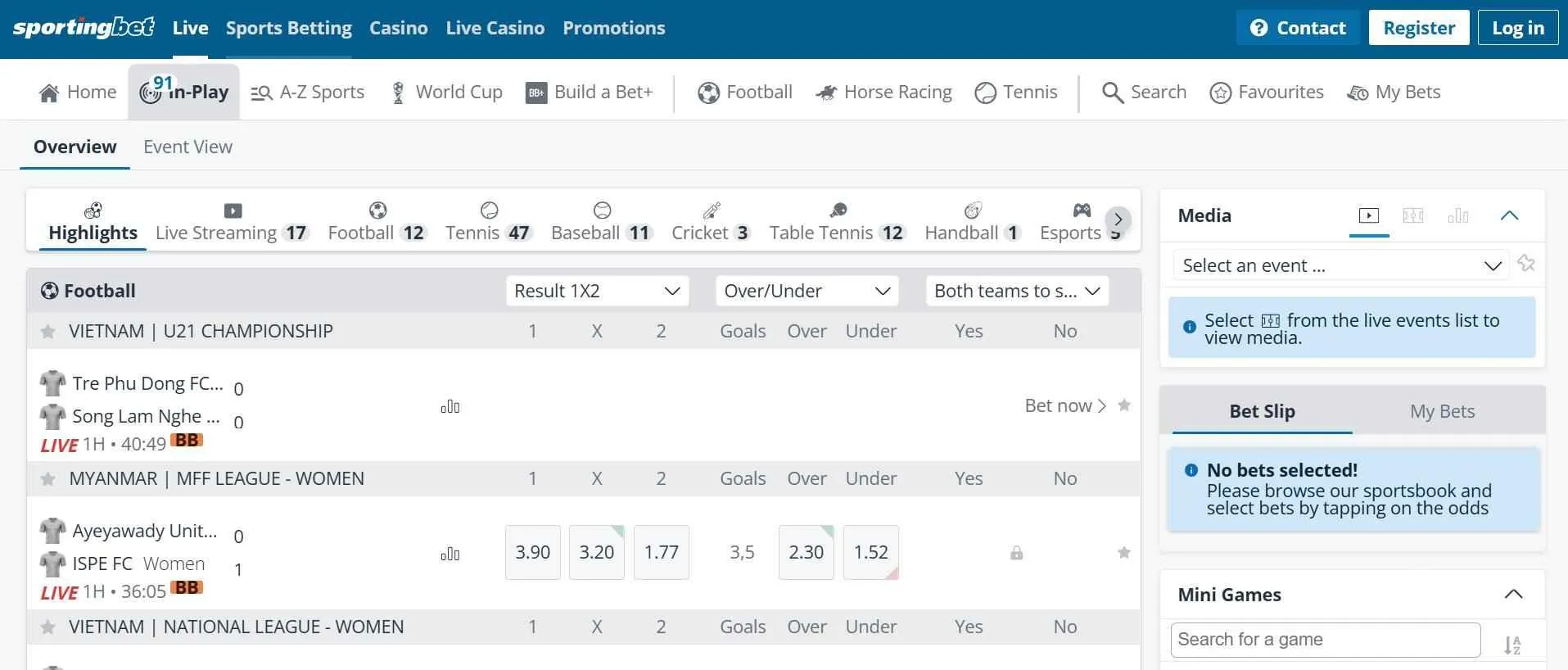 in play betting at Sportingbet sportsbook