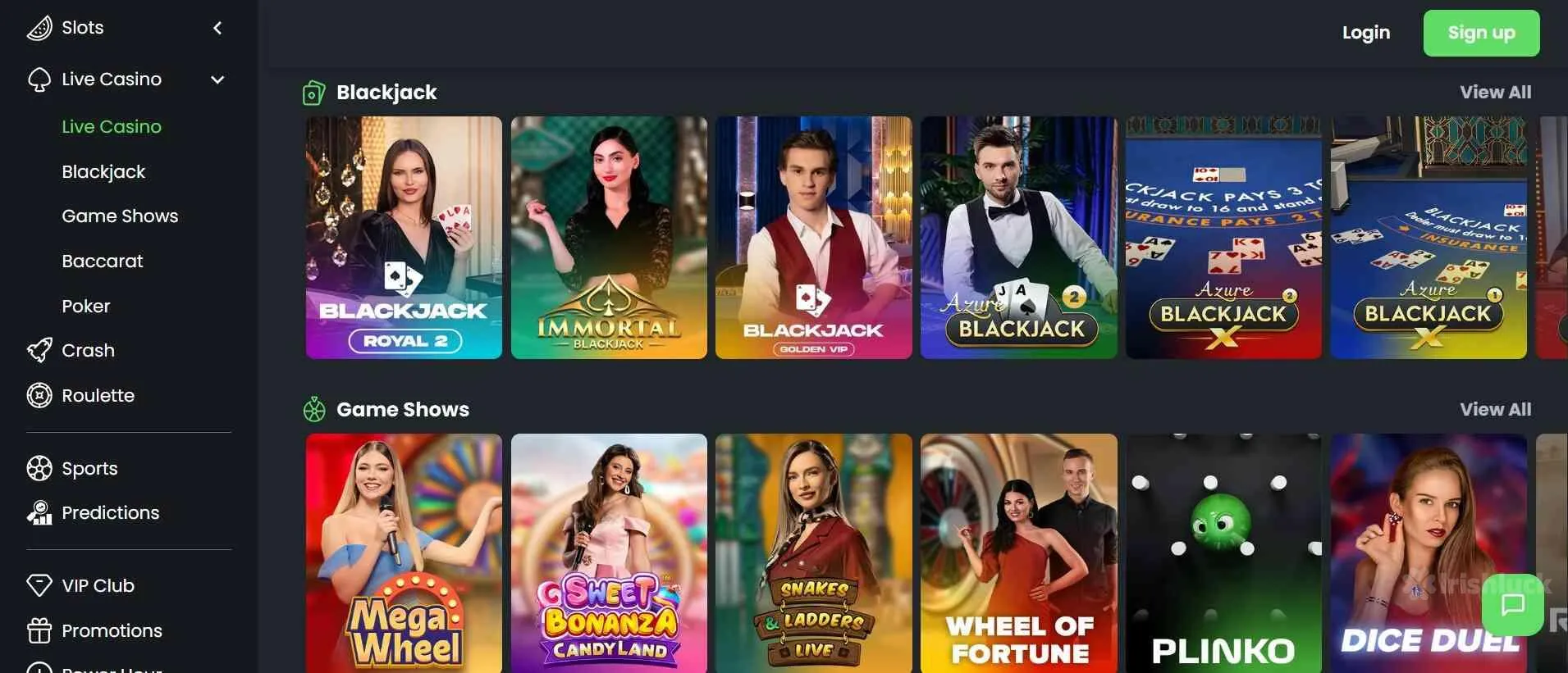 live casino games at Winningz