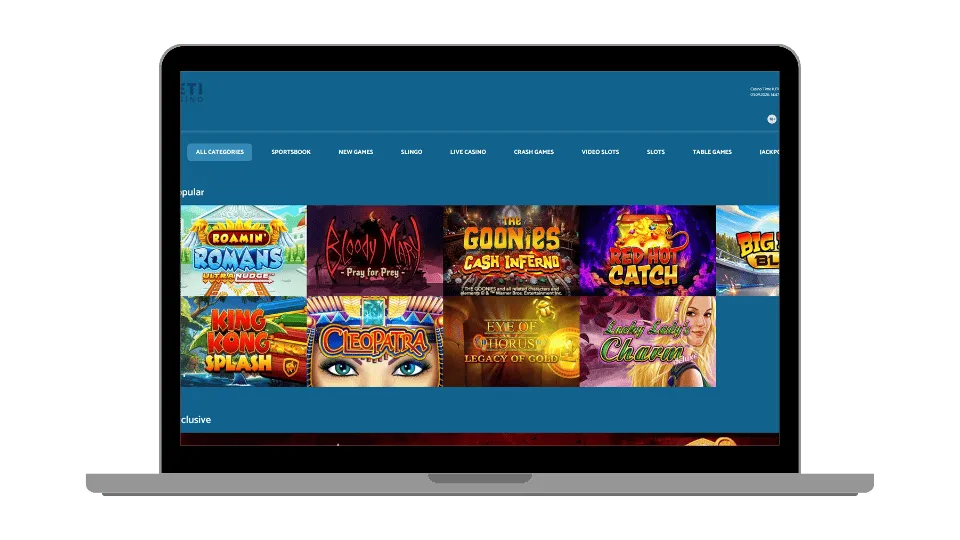 Yeti casino games and sections
