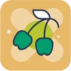 Icon of two green cherries with a leaf on a yellow background