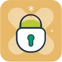 Icon of a white padlock with a green keyhole on a yellow background
