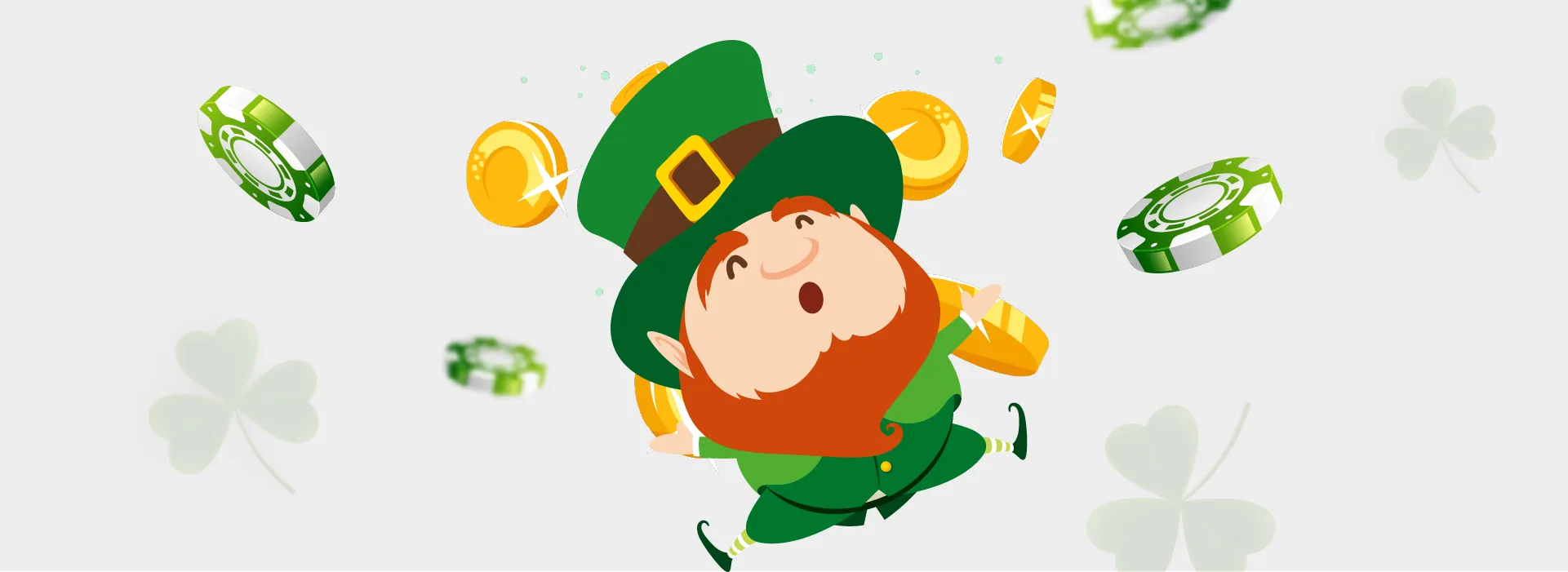 An image of a leprechaun dancing with coins and casino chips around