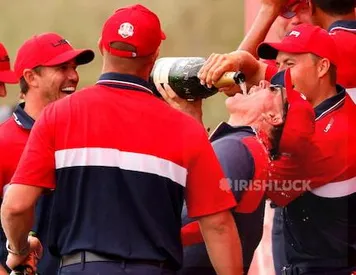 Golf - The 2020 Ryder Cup - Whistling Straits, Sheboygan, Wisconsin, U.S. - September 26, 2021 Team USA vice captain Phil Mickelson, Team USA's Jordan Spieth and Team USA's Brooks Koepka celebrate with champagne after winning The Ryder Cup