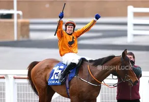 Horse Racing - Cheltenham Festival - Cheltenham Racecourse, Cheltenham, Britain - March 17, 2021 Richard Condon riding Heaven Help Us celebrates after winning the 2.30 Coral Cup Handicap Hurdle Pool